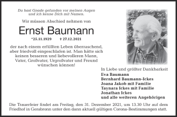 Traueranzeige von Ernst Baumann von Hohenloher Tagblatt