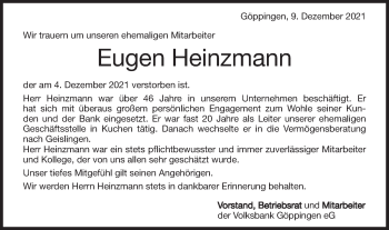 Traueranzeige von Eugen Heinzmann von Geislinger Zeitung