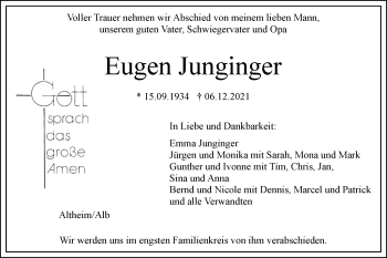 Traueranzeige von Eugen Junginger von SÜDWEST PRESSE Ausgabe Ulm/Neu-Ulm