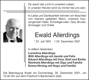 Traueranzeige von Ewald Allerdings von NWZ Neue Württembergische Zeitung