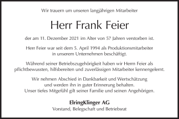 Traueranzeige von Frank Feier von Metzinger-Uracher Volksblatt