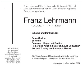 Traueranzeige von Franz Lehrmann von Metzinger-Uracher Volksblatt