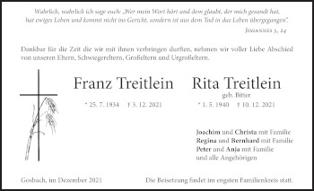 Traueranzeige von Franz Treitlein von Geislinger Zeitung