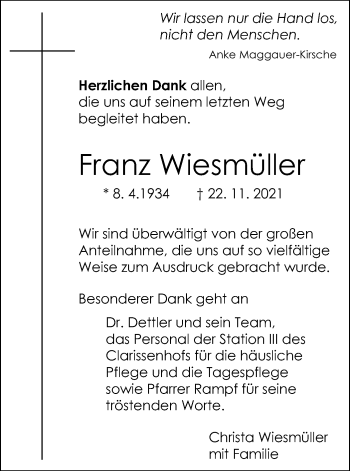 Traueranzeige von Franz Wiesmüller von SÜDWEST PRESSE Ausgabe Ulm/Neu-Ulm