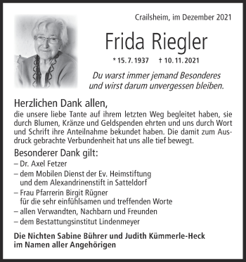 Traueranzeige von Frida Riegler von Hohenloher Tagblatt