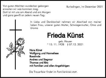 Traueranzeige von Frieda Künst von Metzinger-Uracher Volksblatt