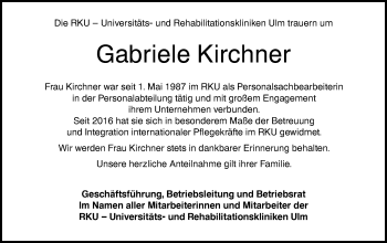 Traueranzeige von Gabriele Kirchner von SÜDWEST PRESSE Ausgabe Ulm/Neu-Ulm