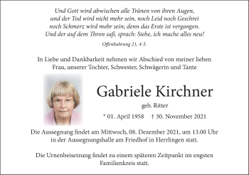 Traueranzeige von Gabriele Kirchner von SÜDWEST PRESSE Ausgabe Ulm/Neu-Ulm