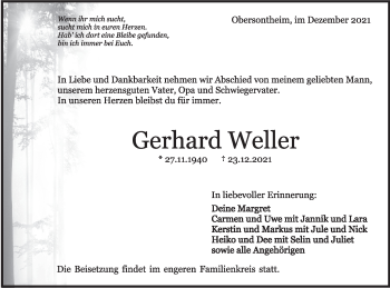 Traueranzeige von Gerhard Weller von Haller Tagblatt