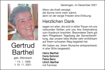 Traueranzeige von Gertrud Barthel von Geislinger Zeitung