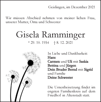 Traueranzeige von Gisela Ramminger von Geislinger Zeitung