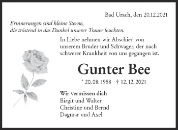 Traueranzeige von Gunter Bee von Metzinger-Uracher Volksblatt