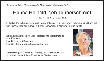 Traueranzeige von Hanna Heinold von Haller Tagblatt