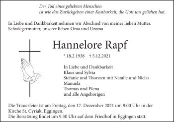 Traueranzeige von Hannelore Rapf von SÜDWEST PRESSE Ausgabe Ulm/Neu-Ulm