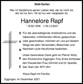 Traueranzeige von Hannelore Rapf von SÜDWEST PRESSE Ausgabe Ulm/Neu-Ulm