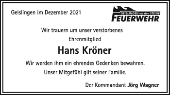 Traueranzeige von Hans Kröner von Geislinger Zeitung