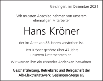 Traueranzeige von Hans Kröner von Geislinger Zeitung