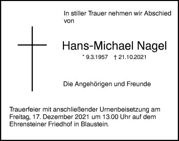 Traueranzeige von Hans-Michael Nagel von SÜDWEST PRESSE Ausgabe Ulm/Neu-Ulm