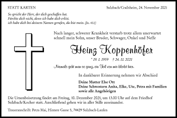 Traueranzeige von Heinz Koppenhöfer von Rundschau Gaildorf