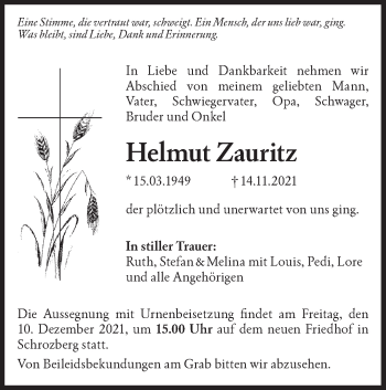 Traueranzeige von Helmut Zauritz von Hohenloher Tagblatt