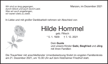 Traueranzeige von Hilde Hommel von NWZ Neue Württembergische Zeitung