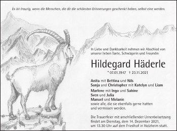 Traueranzeige von Hildegard Häderle von NWZ Neue Württembergische Zeitung