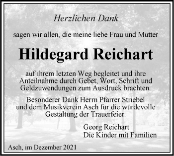 Traueranzeige von Hildegard Reichart von SÜDWEST PRESSE Ausgabe Ulm/Neu-Ulm