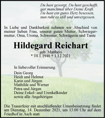 Traueranzeige von Hildegard Reichart von SÜDWEST PRESSE Ausgabe Ulm/Neu-Ulm