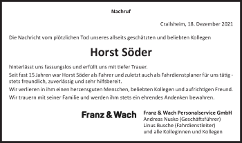 Traueranzeige von Horst Söder von Hohenloher Tagblatt