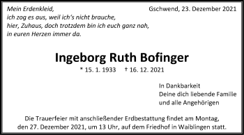 Traueranzeige von Ingeborg Ruth Bofinger von Rundschau Gaildorf