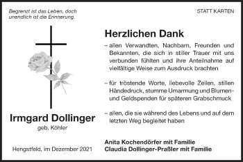 Traueranzeige von Irmgard Dollinger von Hohenloher Tagblatt