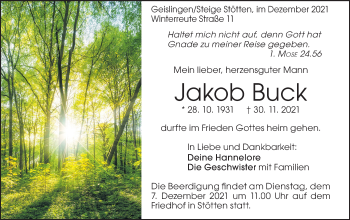 Traueranzeige von Jakob Buck von Geislinger Zeitung