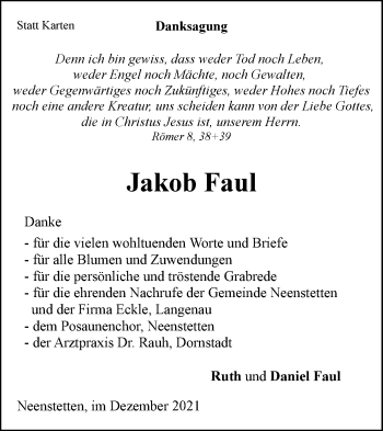 Traueranzeige von Jakob Faul von SÜDWEST PRESSE Ausgabe Ulm/Neu-Ulm