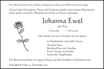 Traueranzeige von Johanna Ewel von Haller Tagblatt