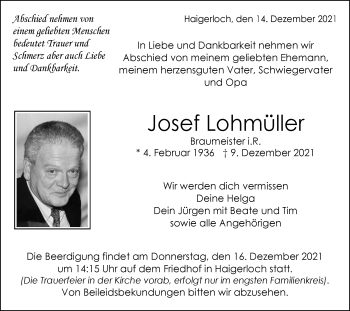 Traueranzeige von Josef Lohmüller von Metzinger-Uracher Volksblatt