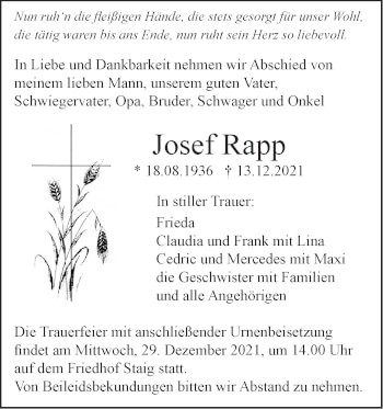 Traueranzeige von Josef Rapp von SÜDWEST PRESSE Ausgabe Ulm/Neu-Ulm