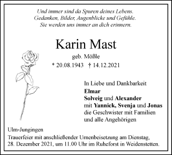 Traueranzeige von Karin Mast von SÜDWEST PRESSE Ausgabe Ulm/Neu-Ulm