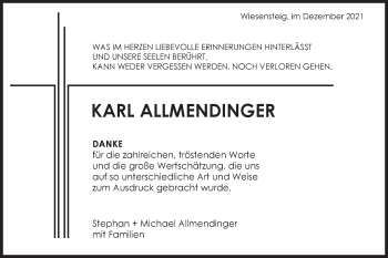 Traueranzeige von Karl Allmendinger von NWZ Neue Württembergische Zeitung/Geislinger Zeitung