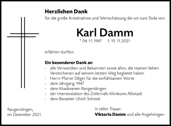 Traueranzeige von Karl Damm von Metzinger-Uracher Volksblatt