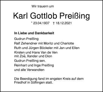 Traueranzeige von Karl Gottlob Preißing von SÜDWEST PRESSE Ausgabe Ulm/Neu-Ulm