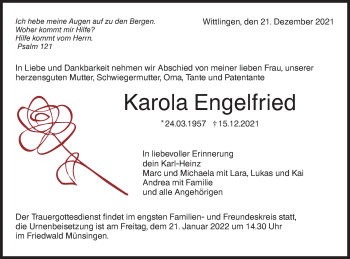 Traueranzeige von Karola Engelfried von Metzinger-Uracher Volksblatt