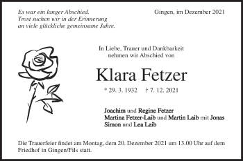 Traueranzeige von Klara Fetzer von Geislinger Zeitung