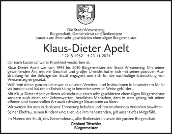 Traueranzeige von Klaus-Dieter Apelt von NWZ Neue Württembergische Zeitung/Geislinger Zeitung