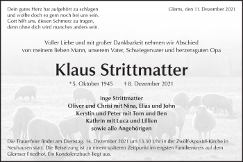 Traueranzeige von Klaus Strittmatter von Metzinger-Uracher Volksblatt