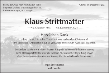 Traueranzeige von Klaus Strittmatter von Metzinger-Uracher Volksblatt