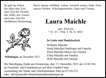 Traueranzeige von Laura Maichle von Metzinger-Uracher Volksblatt