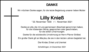 Traueranzeige von Lilly Knieß von Ehinger Tagblatt