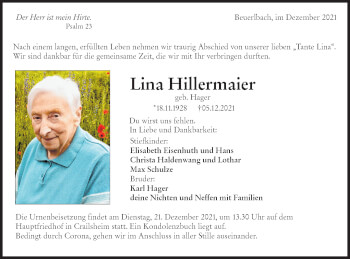 Traueranzeige von Lina Hillermaier von Hohenloher Tagblatt