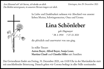 Traueranzeige von Lina Schönleber von Alb-Bote/Metzinger-Uracher Volksblatt