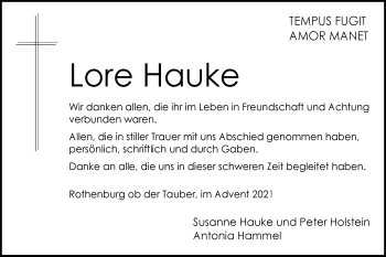 Traueranzeige von Lore Hauke von Hohenloher Tagblatt